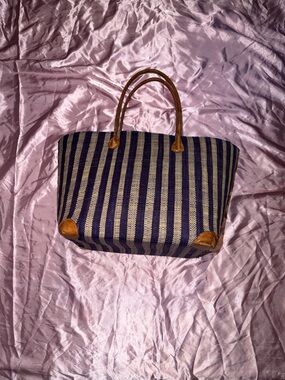 Wicker Striped Canvas Beach Bag with Leather Trim - Blue and Tan